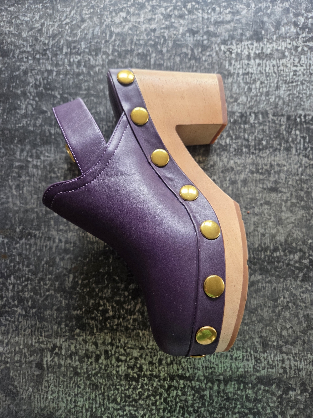 Charlotte Stone Purple Leather Platform Clog with Wooden Heel and Gold Studs